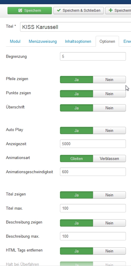 Die Optionen des KISS Karussells