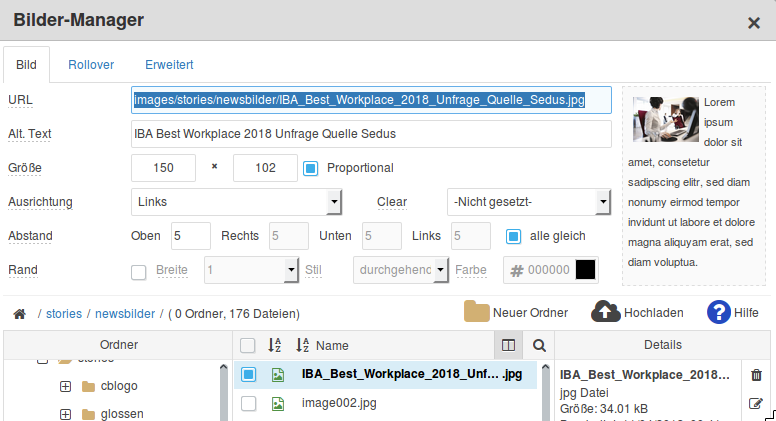Im Medienmanager den URL des Bildes kopieren
